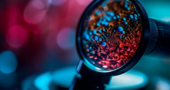 Magnifying glass magnifies metal bottle in laboratory generated by AI